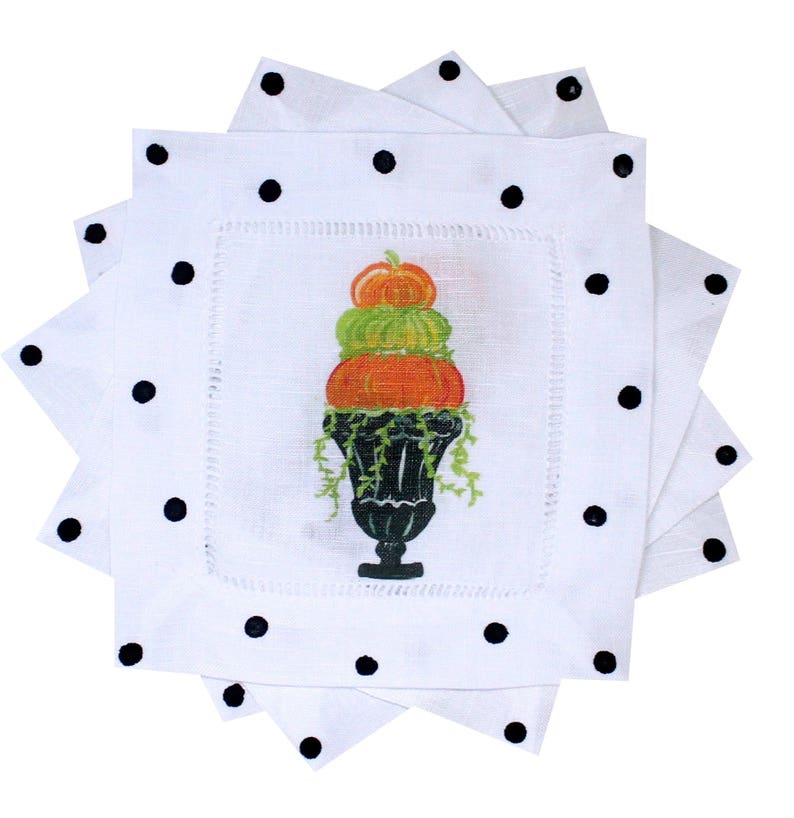 Halloween Autumn Pumpkin Topiary Linen Cocktail Napkins