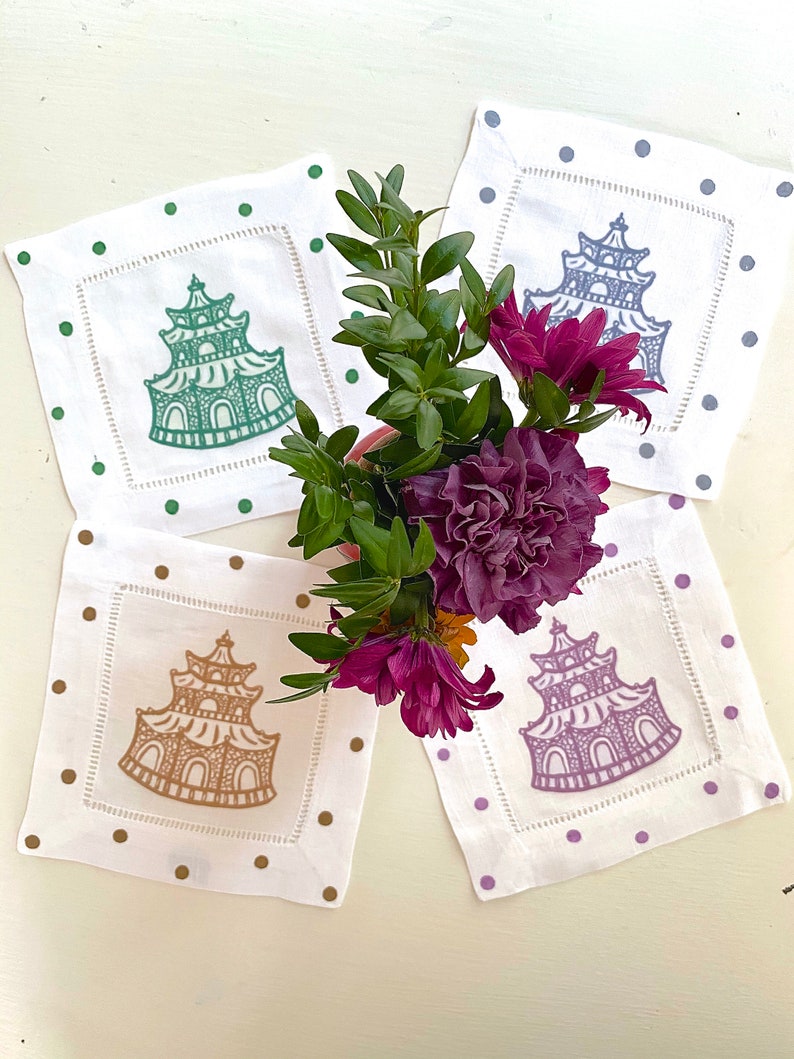Lemondaisy Design Chinoiserie Pagoda Linen Cocktail Napkins - Thumbnail 4