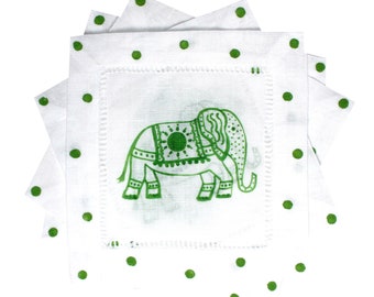 Green Chinoiserie Elephant Linen Cocktail Napkins