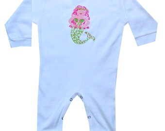 Rosa y verde Navidad sirena bebé niña cumpleaños cumpleaños manga larga Romper Personalizar