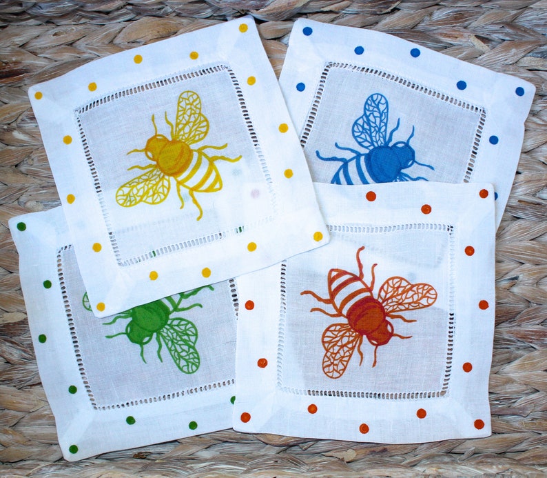 Colorful Honey Bee Linen Cocktail Napkins