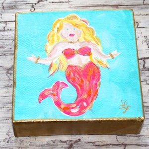 Pink Orange Mermaid Original Mini Canvas Beach Art