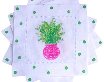 Pink and Green Chinoiserie Tropical Palm Linen Cocktail Napkin Set Hostess Gift Housewarming Gift