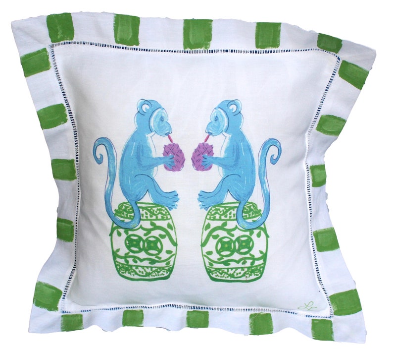 Lemondaisy Design Chinoiserie Monkey Linen Pillow - Thumbnail 5