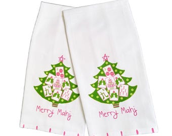 Merry Mahjong Tiles Christmas Kitchen Tea Towel Mahjong Gifts
