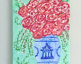 Cottage Fresh Pink Floral Blue Chinoiserie  Canvas Art
