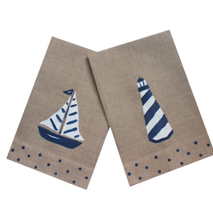 Nautical Navy Sailboat and Lighthouse Linen Guest Towels