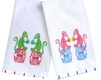 Chinoiserie Monkey Kitchen Tea Towels Hostess Gift