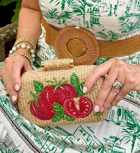 美品 Rattan Plaid Hand Bag Italy 籐 ハンドバッグ Hand Painted Tomato Basil Rattan Summer Clutch - Etsy