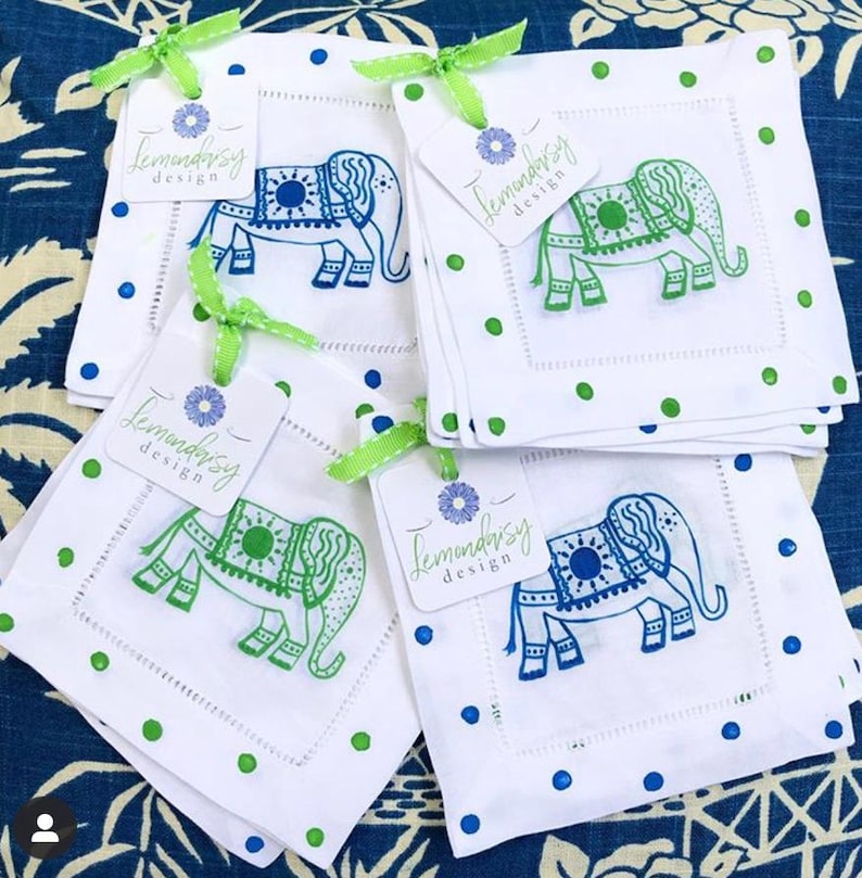 Chinoiserie Elephant Linen Cocktail Napkins - Thumbnail 2