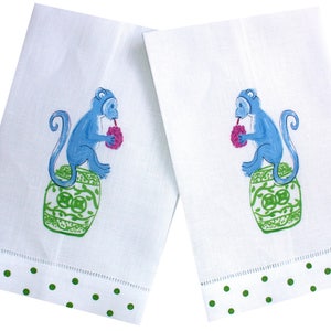 Chinoiserie Monkey Linen Guest Towel Set: Whimsical Powder Room Decor