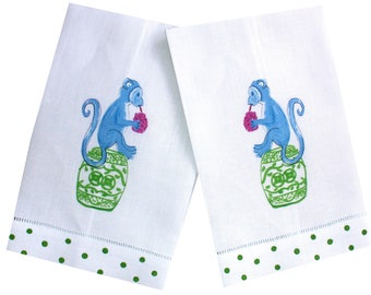 Chinoiserie Monkey Linen Guest Towel Set: Whimsical Powder Room Decor