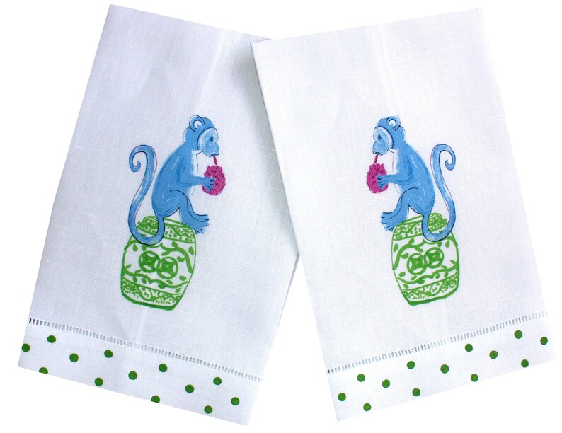 Chinoiserie Monkey Linen Guest Towel - Thumbnail 5