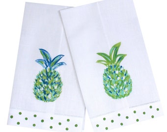 Blue and Green Pineapple Line Guest Towel