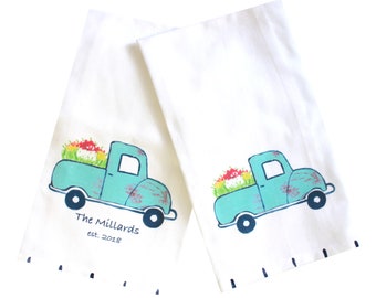 Turquoise Blue Flower Truck Tea Towel Wedding Gift Housewarming Gift