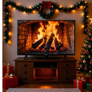 May include: A TV screen showing a fireplace scene with burning logs, placed on a wooden cabinet. The room is decorated for Christmas with a garland, baubles, and wrapped gifts. A Christmas tree is on the right.