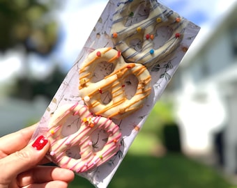 Fun&Colorful Chocolate Covered Large Pretzels, Individually Wrapped Party Favors, Personalized Birthday Treats, (Pack of 3)