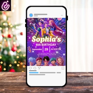 May include: A digital invitation on a smartphone screen for Sophia's 6th birthday. The design features a purple background with illustrations of people and musical notes. The date is September 29 at 9:00 PM.