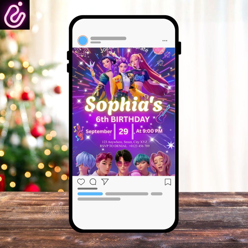 May include: A digital invitation on a smartphone screen for Sophia's 6th birthday. The design features a purple background with illustrations of people and musical notes. The date is September 29 at 9:00 PM.