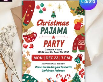 Christmas Pajama Party Invitation, Pajama Invitation, Christmas Party Invitation, Holiday Party Invite, Xmas Party, Editable Canva Template