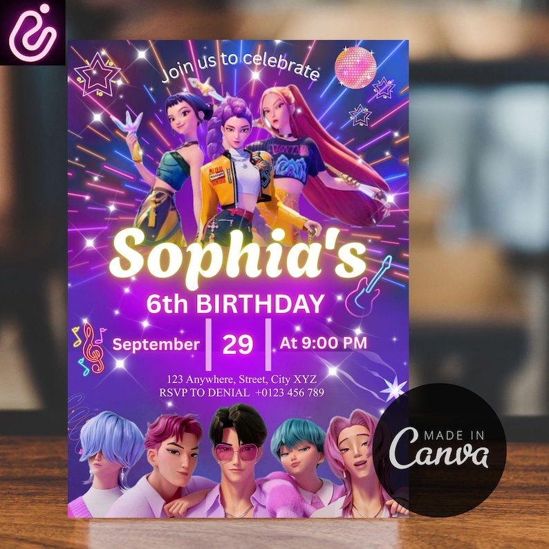 May include: A vibrant birthday invitation with a purple background. The invitation features animated characters and the text "Sophia's 6th Birthday" with the date and time. The design includes musical notes, stars, and the Canva logo.
