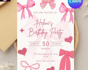 Pink Bow Coquette Birthday Invitation, Birthday Girl Invitation, Coquette Girl Party, Teen Birthday Invite, Canva Template, Digital Download