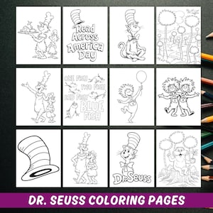 Dr. Seuss Coloring Pages, Read Across America Printable, Dr. Seuss Birthday, Cat in the Hat coloring pages, Printable Pages for Kids,Digital