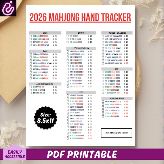 2026 Mahjong Hand Tracker, American Mahjong Printable, Mah Jongg, Mahjong scorecard, Mahjong tiles, Mahjong Game Night, PDF Digital Download