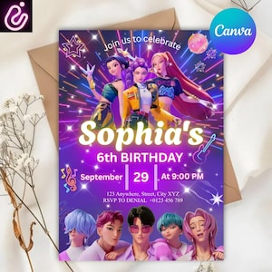 May include: A vibrant invitation for Sophia's 6th birthday, featuring a purple and pink design with animated characters. The invitation includes the text "Join us to celebrate," the date, time, and RSVP information. The Canva logo is visible.