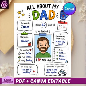 Father's Day Questionnaire Printable, All About My Dad Worksheet, Fathers Day Gift, Dad Coloring Page Print, PDF & Canva Editable Template