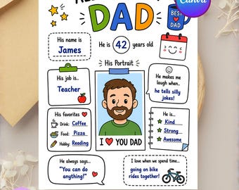 Father's Day Questionnaire Printable, All About My Dad Worksheet, Fathers Day Gift, Dad Coloring Page Print, PDF & Canva Editable Template