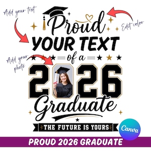 May include: A white graphic design with the text "Proud YOUR TEXT of a 2026 Graduate." The design includes a photo of a graduate, a graduation cap, stars, and the phrase "The Future is Yours."
