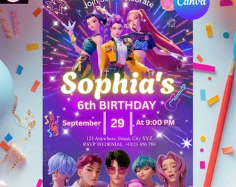 Editable Birthday Invitation, Anime Theme party, Anime Invite, Birthday Party, Kids Birthday Invite, Canva Template, Kpop Birthday Invite