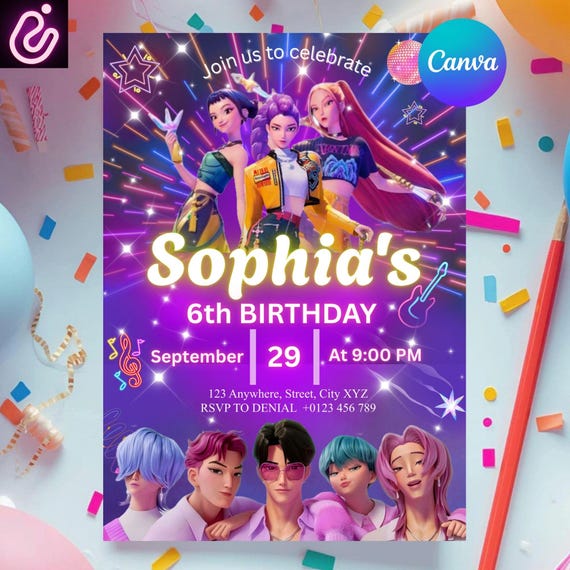 Editable Birthday Invitation, Anime Theme party, Anime Invite, Birthday Party, Kids Birthday Invite, Canva Template, Kpop Birthday Invite