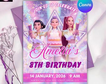 Kpop Demon Hunters Birthday Invitation, Editable Canva Template, Huntrix Invite, K-pop Invites Digital Download, Kpop Birthday Invite