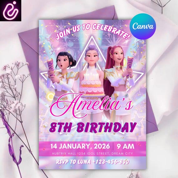 Kpop Demon Hunters Birthday Invitation, Editable Canva Template, Huntrix Invite, K-pop Invites Digital Download, Kpop Birthday Invite