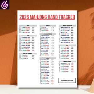 Op de afbeelding: Een wit 2026 Mahjong Hand Tracker scoreblad met rode koppen en georganiseerde kolommen met spelcombinaties. Het document bevat secties voor 2026, 2468, Any Like Numbers, Quints, Consecutive Run, 13579, Winds-Dragons, 369 en Singles & Pairs.