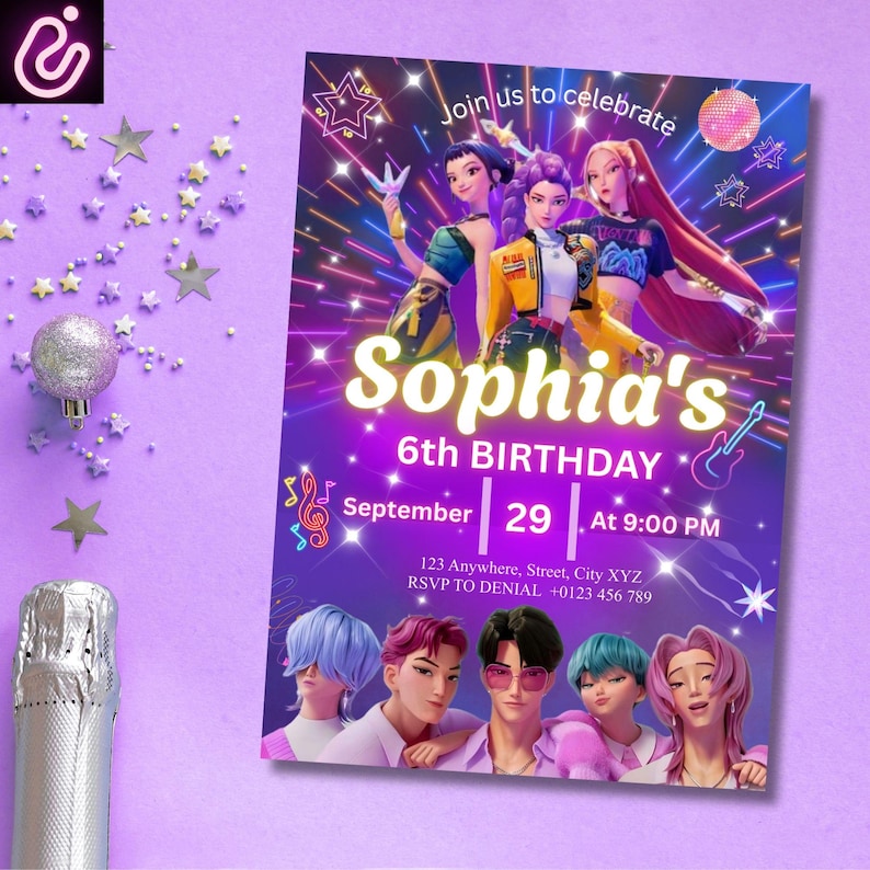 May include: A birthday party invitation with a purple background. The invitation features animated characters and the text "Sophia's 6th BIRTHDAY" with the date and time. Decorative elements include stars and musical notes.