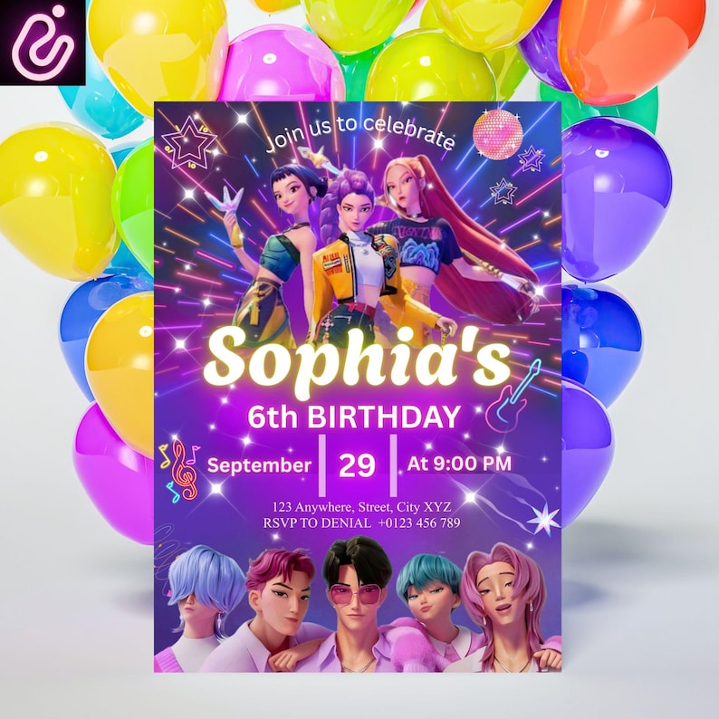 May include: A birthday invitation featuring a vibrant design with cartoon characters and balloons. The invitation reads "Sophia's 6th Birthday" with the date and time. The background is a mix of purple, blue, and yellow.