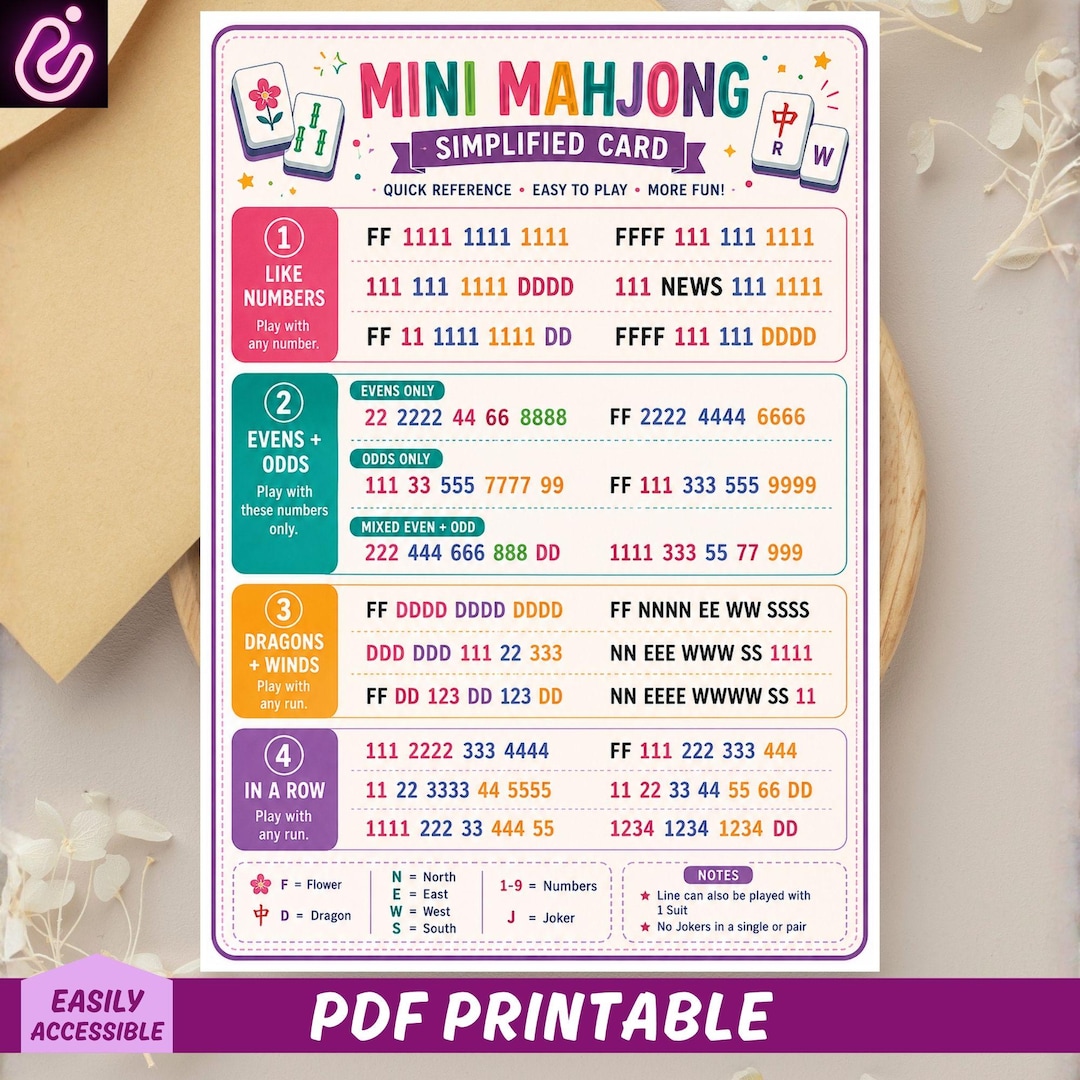 Kids Mahjong Simplified Card, Printable American Mahjong Card for Children, Beginner Mah J