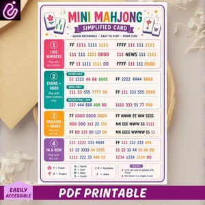 May include: A rectangular Mini Mahjong simplified card featuring a colorful guide for gameplay. The card includes four numbered sections with specific number and letter combinations, a legend for symbols, and notes on rules, all printed on a white background.