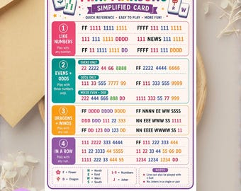 子供向け麻雀簡略化カード、子供向け印刷可能アメリカ式麻雀カード、初心者向け麻雀ハンド、ファミリーゲームナイト、PDFダウンロード