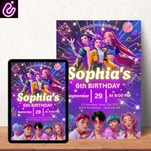 May include: A digital invitation for Sophia's 6th birthday, featuring a vibrant design with animated characters in shades of purple, yellow, and blue. The invitation includes the date, time, and RSVP information. A tablet displays the same invitation.