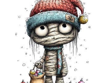 108 świątecznych mumii – zabawne ilustracje w formacie JPEG – urocze świąteczne obrazy w formacie JPEG, zestaw świątecznych mumii w stylu kawaii – pobieranie cyfrowe