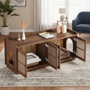 May include: A brown wooden cat litter box enclosure with three doors and a curved opening. The doors are open, revealing a litter box, a cat bed, and storage space. The enclosure is on a patterned rug.