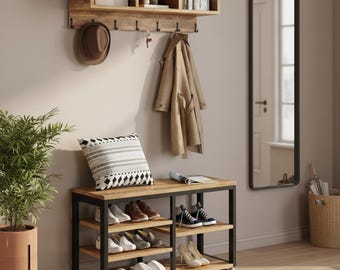 Industrial Rustic Hall Tree Shoe Bench Set, Entryway Coat Rack Storage Cubbies