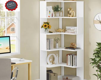 6 Tier Corner Bookshelf 65” Industrial L-Shaped Bookcase with Anti-Fall Panels