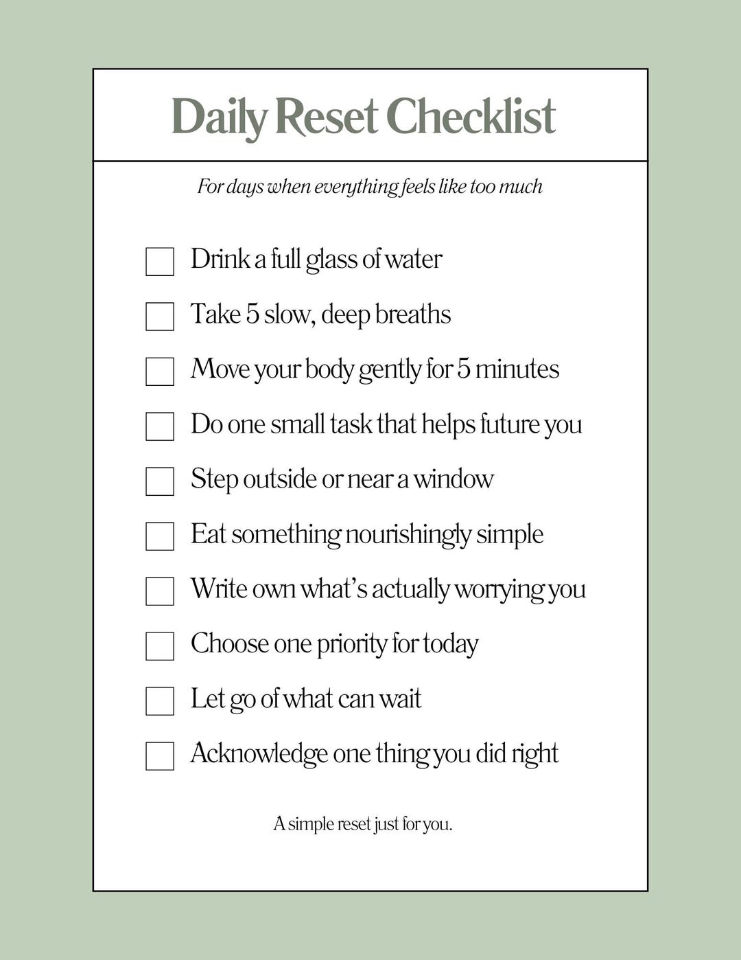 Daily Gentle Reset Checklist | Self-care Printable | Overwhelm Relief ...