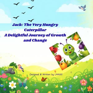 May include: A children's book cover with the title "Jack: The Very Hungry Caterpillar" and the subtitle "A Delightful Journey of Growth and Change." The illustration features a green caterpillar, fruits, flowers, birds, and butterflies against a blue sky.