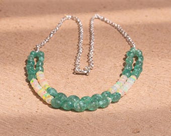 Rainbow fire White Ethiopian opal beaded with Green Emerald tumble silver chain necklace
